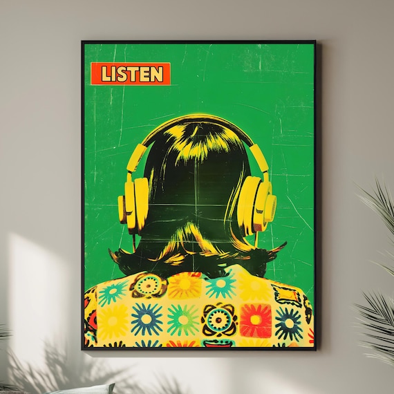 Listen Retro Music Poster Woman Headphones Vintage Green Pop Art