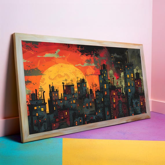 Sunset City Cityscape Illustration Wall Art Print Home Decor Colorful