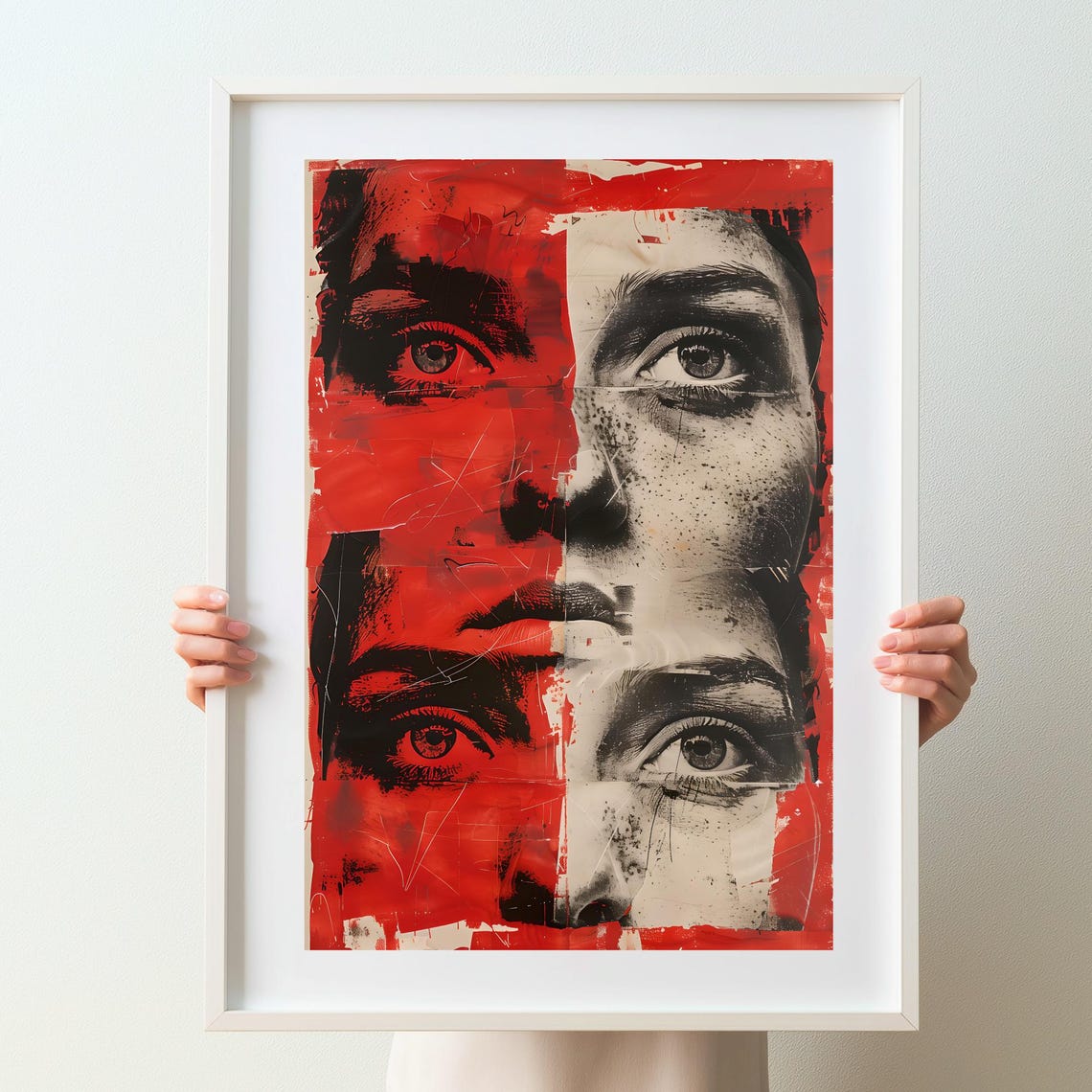 Look Twice Red and Beige Collage Poster of a Fragmented Face