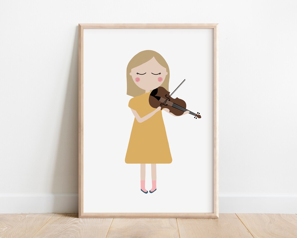 Girl Playing Violin Mustard Dress Kids Music Instrument Nursery Art Poster