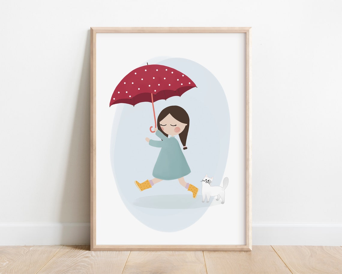 Girl With Umbrella Art Print Girl And Cat Art Print Playroom Prints Girl Colourful Nursery Poster