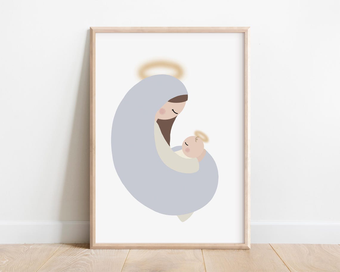Virgin Mary Baby Jesus Minimalist Catholic Nursery Decor Wall Art