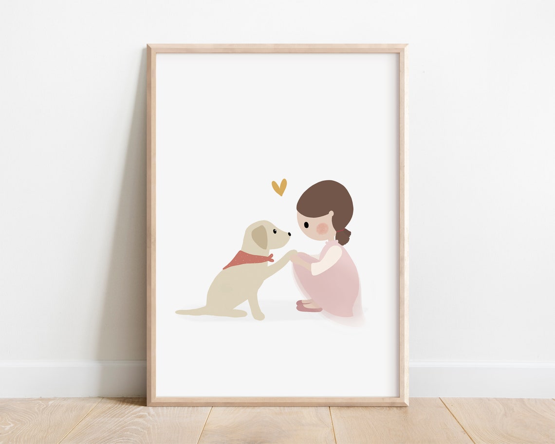 Little Girl And Her Dog Art Print Girl And Dog Illustration Golden Retriever Art Nursery Dog Nursery Wall Art Puppy Nursery Decor
