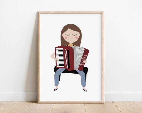 Girl Playing Red Piano Accordion Kids Music Instrument Illustration Poster