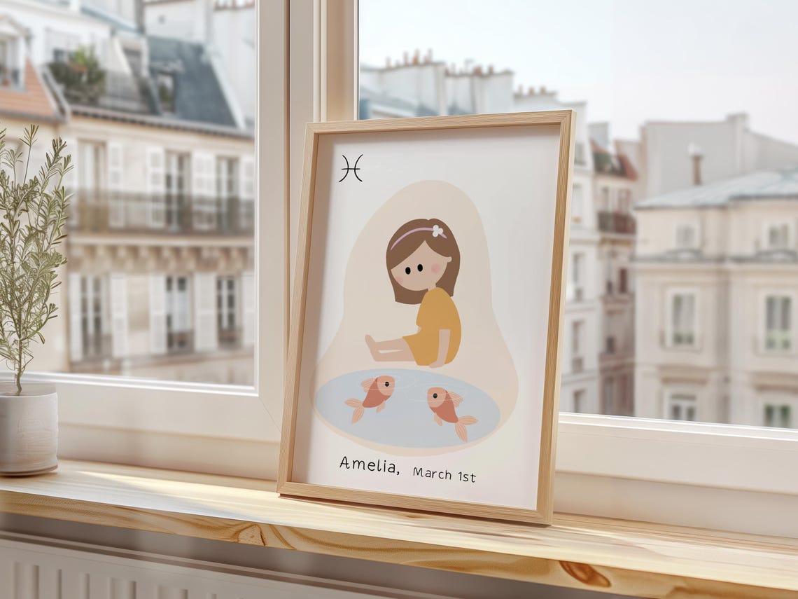 Pisces Zodiac Girl With Two Goldfish Cute Nursery Star Sign Print - Image 3