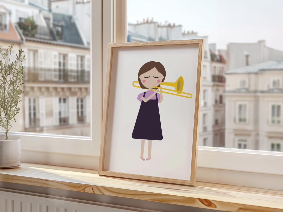 Girl Playing Trombone Yellow Instrument Cute Music Lover Art Poster - Image 3