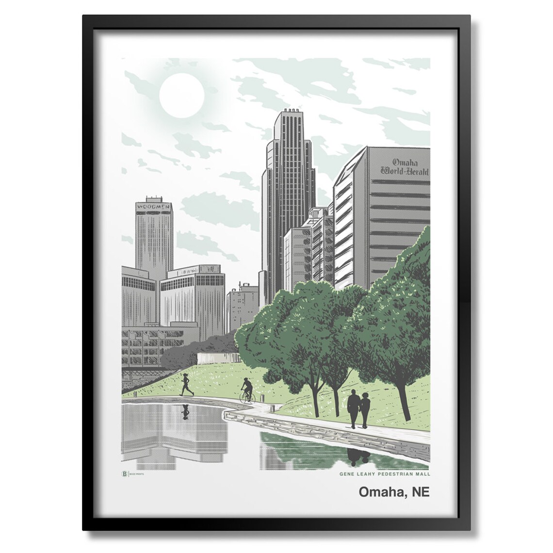 Omaha Nebraska Gene Leahy Mall Lagoon Reflections Skyline Travel Poster