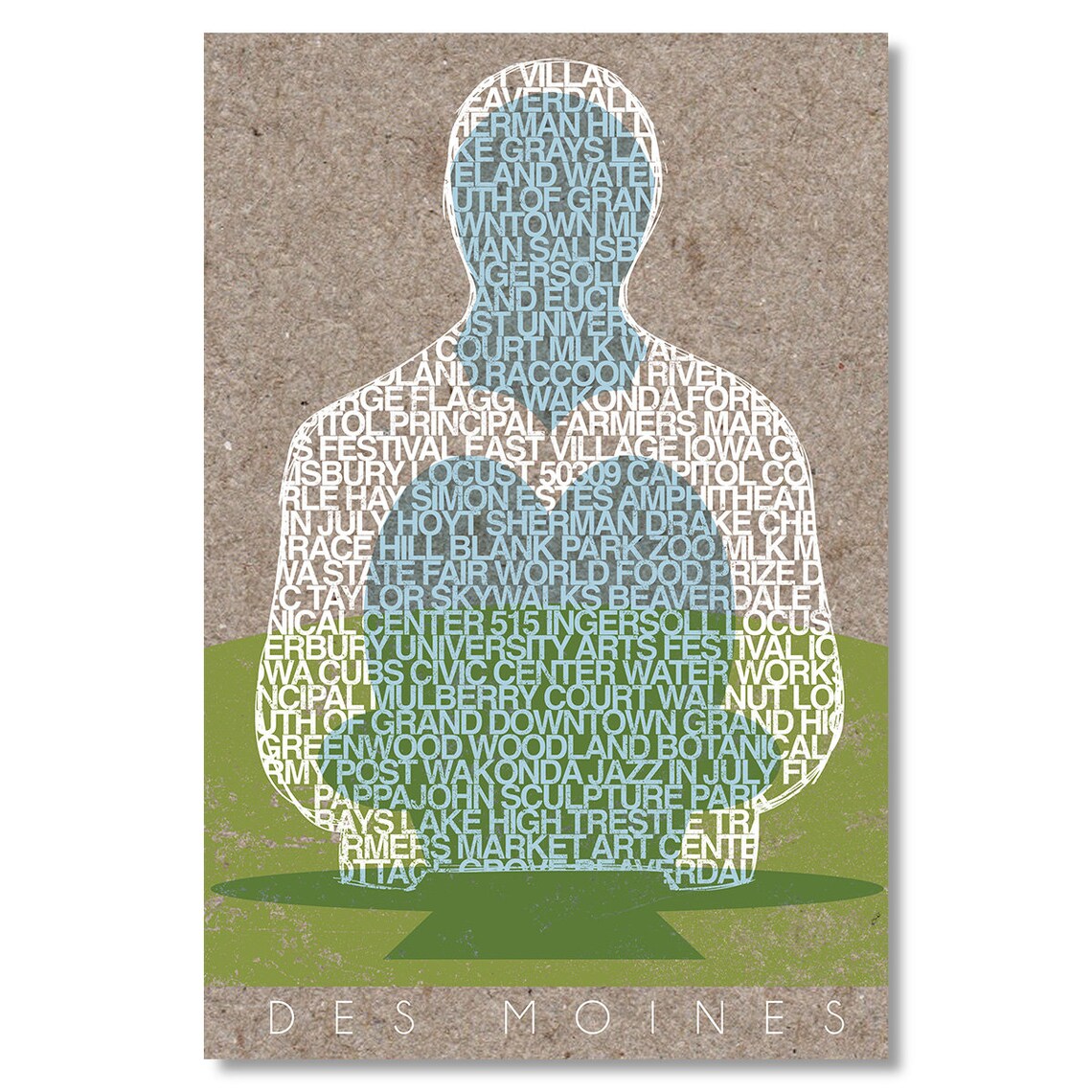 Des Moines Iowa Typography Word Art Poster Seated Figure Sculpture Decor