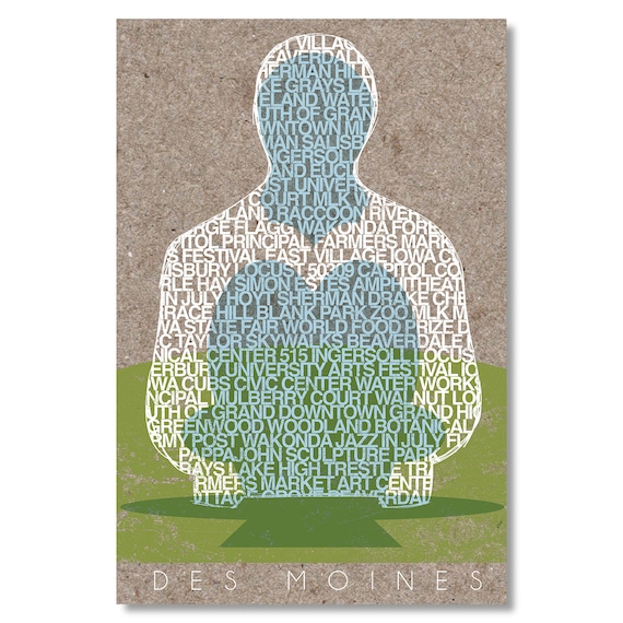 Des Moines Iowa Typography Word Art Poster Seated Figure Sculpture Decor