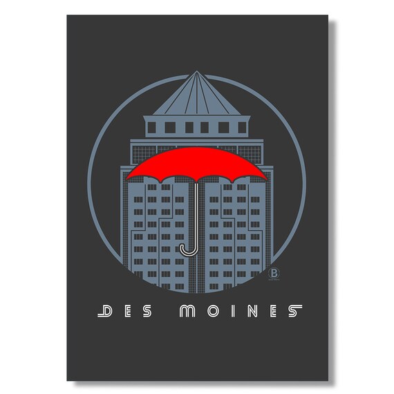 Des Moines Iowa Poster Red Umbrella Downtown Building Circle Icon Art Decor