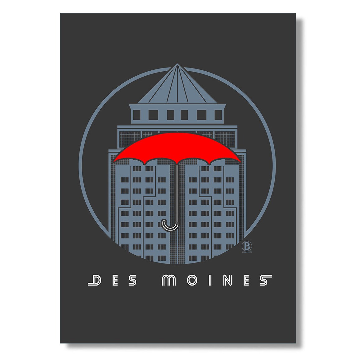 Des Moines Iowa Poster Red Umbrella Downtown Building Circle Icon Art Decor