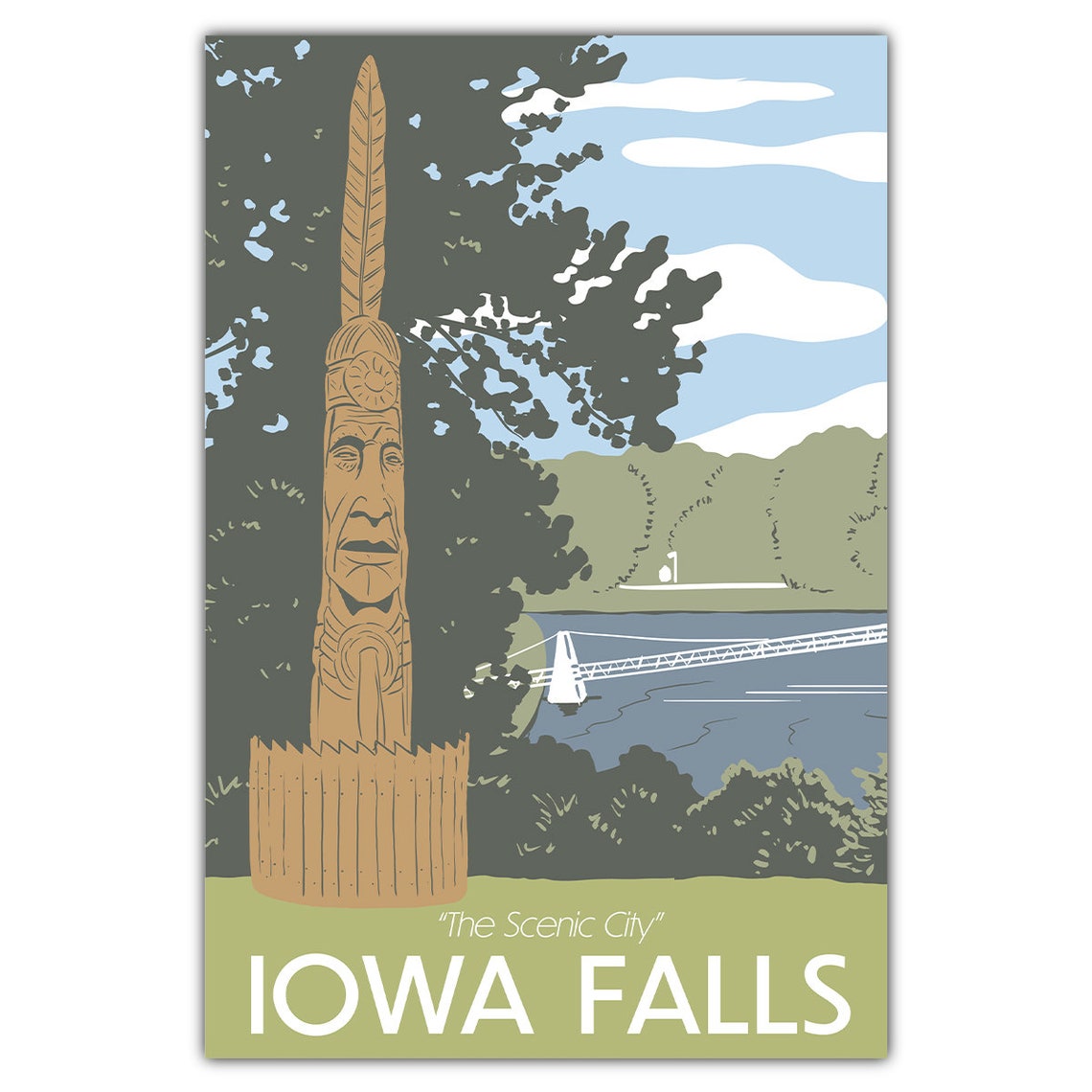 Iowa Falls Scenic City Chief Statue River Bridge Vintage Poster