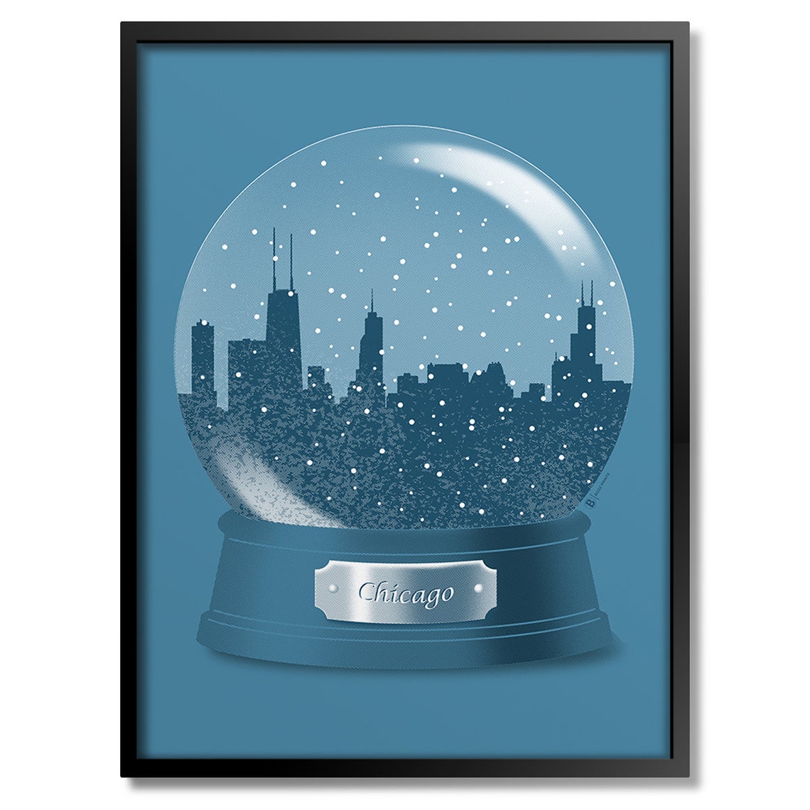 Chicago Snow Globe Skyline Winter Snowfall Vintage Travel Poster