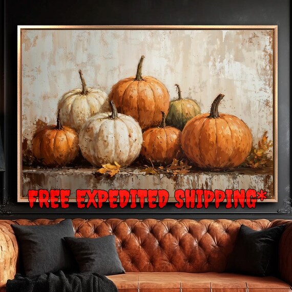 Pumpkins Still Life Vintage Oil Painting Orange White Fall Farmhouse Wall Poster