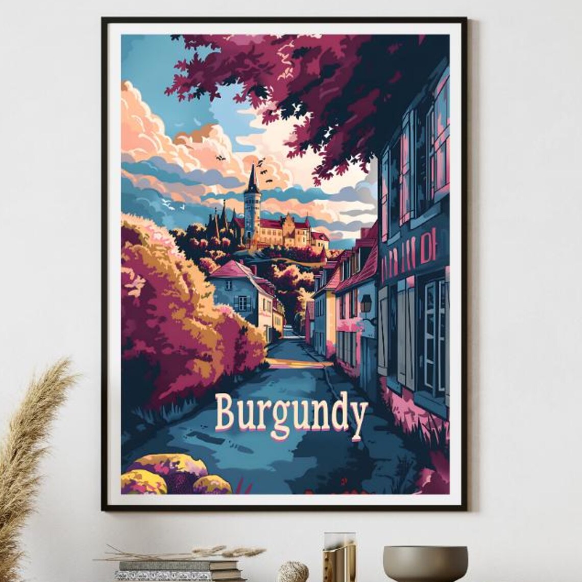 Burgundy France Hilltop Castle Street Twilight Retro Travel Poster