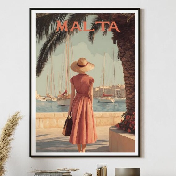 Malta Vintage Travel Style Woman Coral Dress Harbor Palm Trees Poster