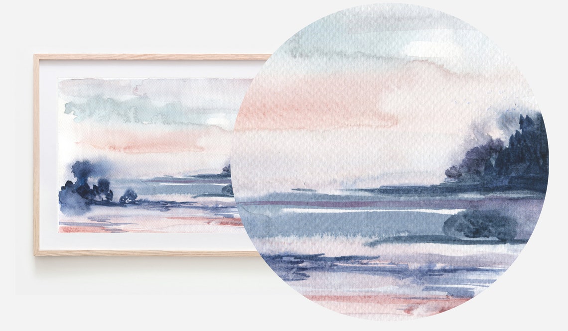 Watercolor Lakeside Landscape Art Blush Pink Misty Blue Trees Wall Art - Image 3