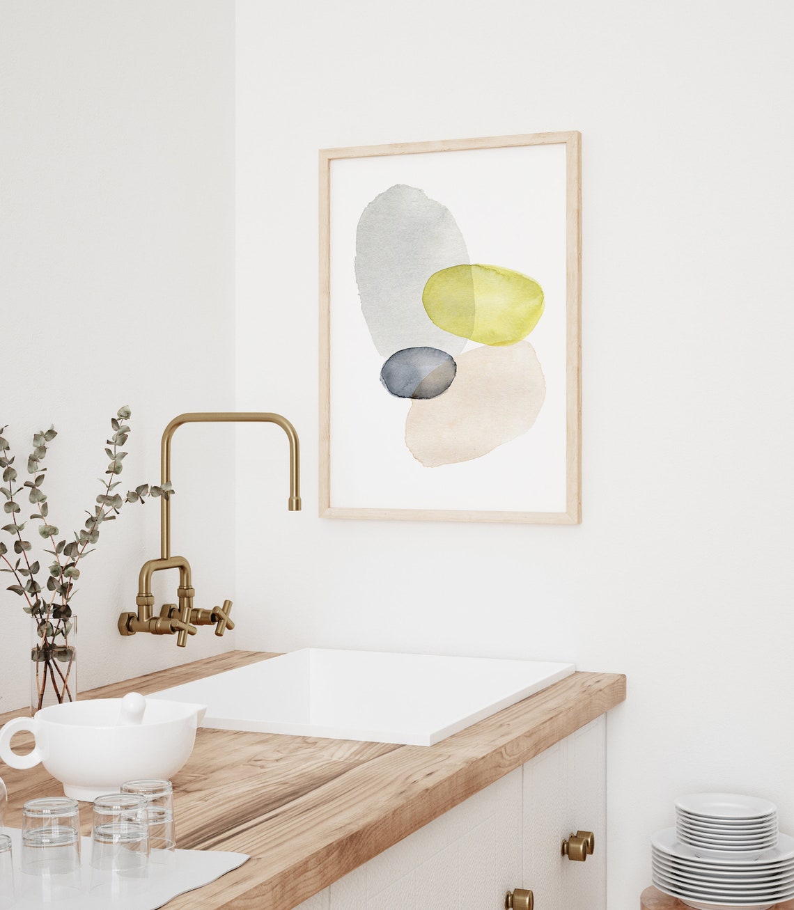 Minimalist Watercolor Abstract Shapes Soft Yellow Grey Wall Art - Image 3