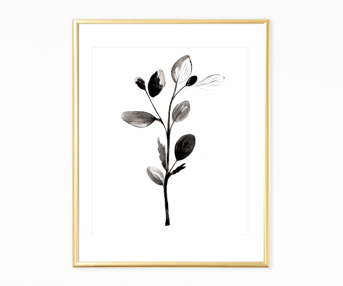 Minimal Black Botanical Branch Watercolor Simple Leaf Stem Art Print