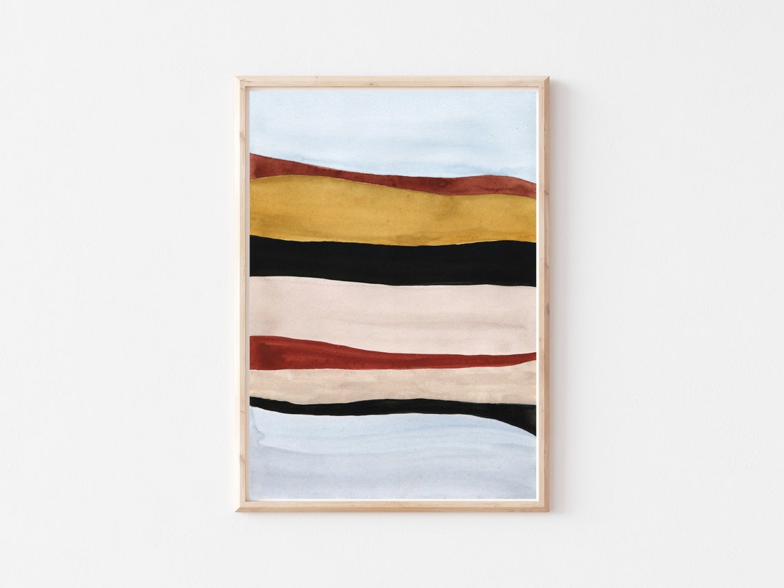 Mid Century Abstract Poster Rust Ochre Black Wavy Bands Layered Art