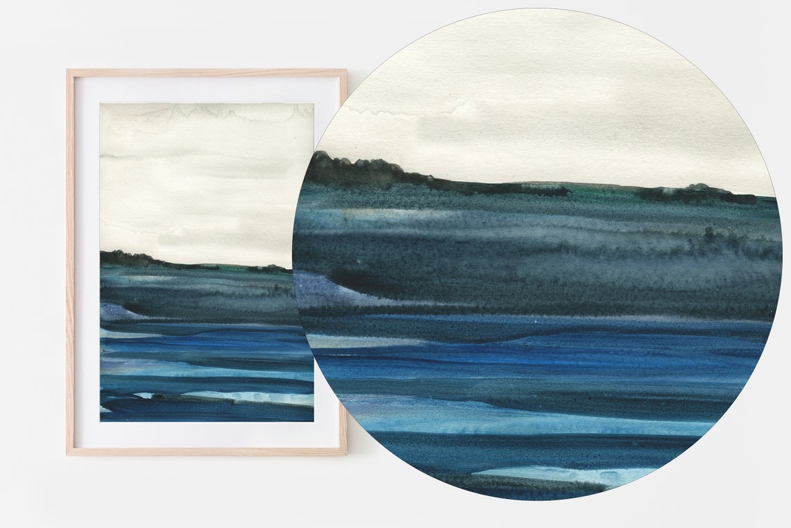Deep Blue Watercolor Poster Abstract Ocean Horizon Minimal Sea Art - Image 3