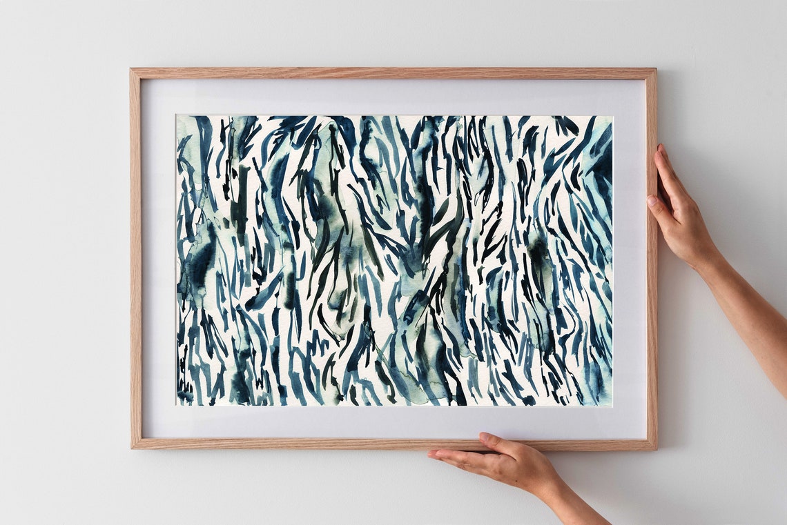 Indigo Blue Abstract Watercolor Vertical Brush Strokes Modern Wall Art - Image 3