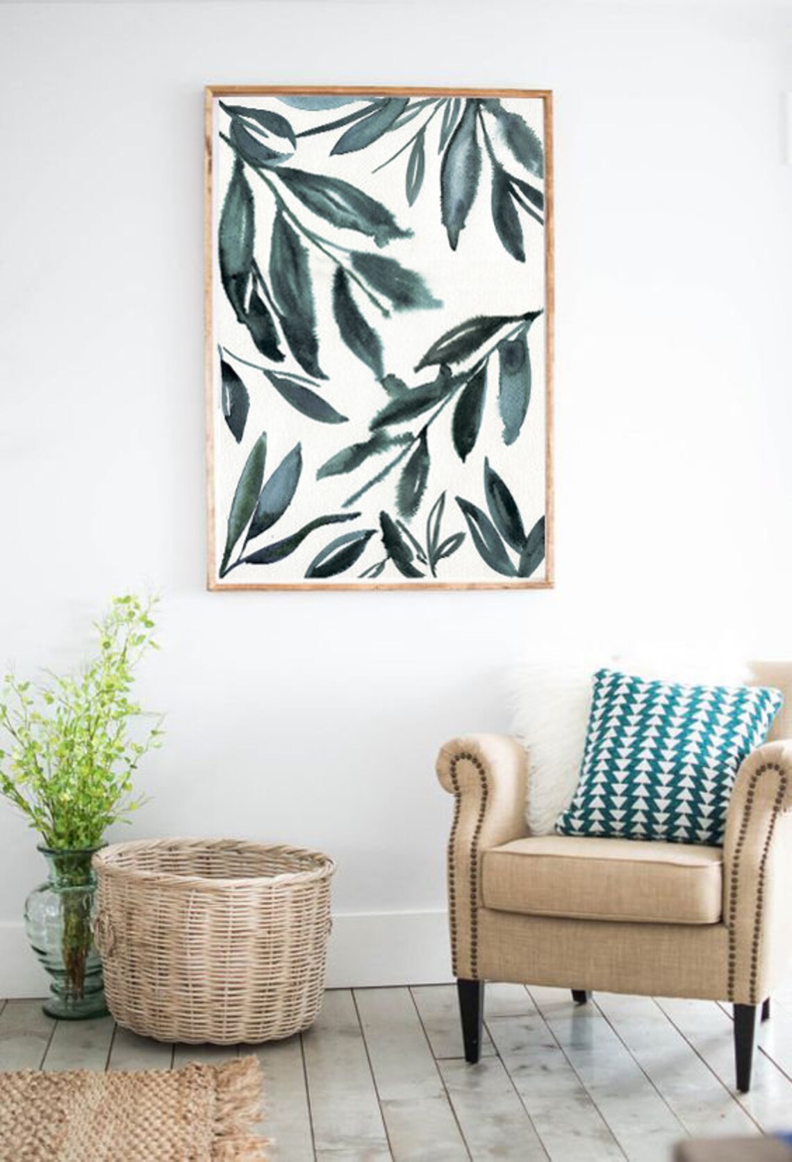 Teal Botanical Watercolor Leaves Greenery Nature Art Print Decor - Image 3