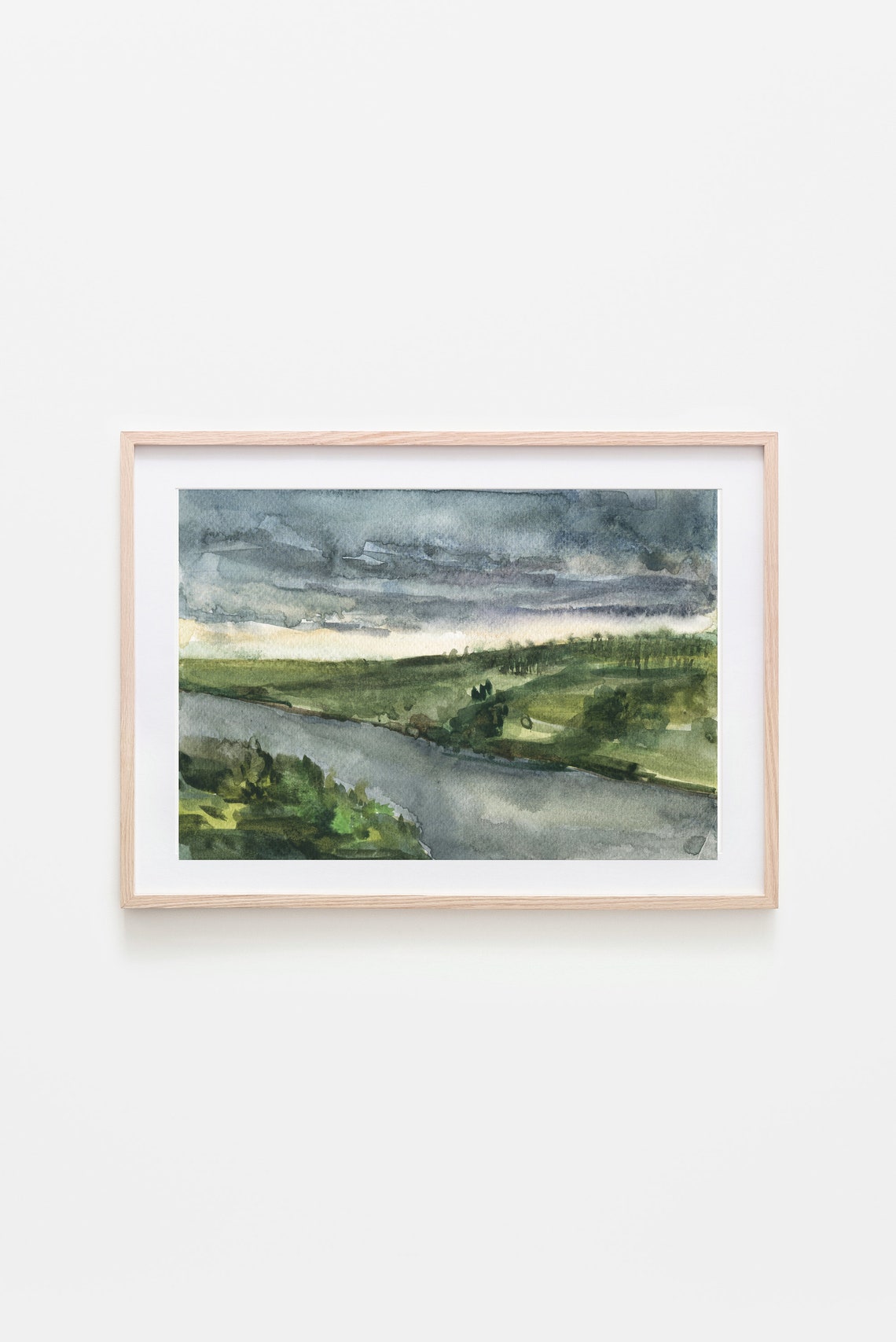 Watercolor River Valley Cloudy Sky Green Hills Landscape Nature Print