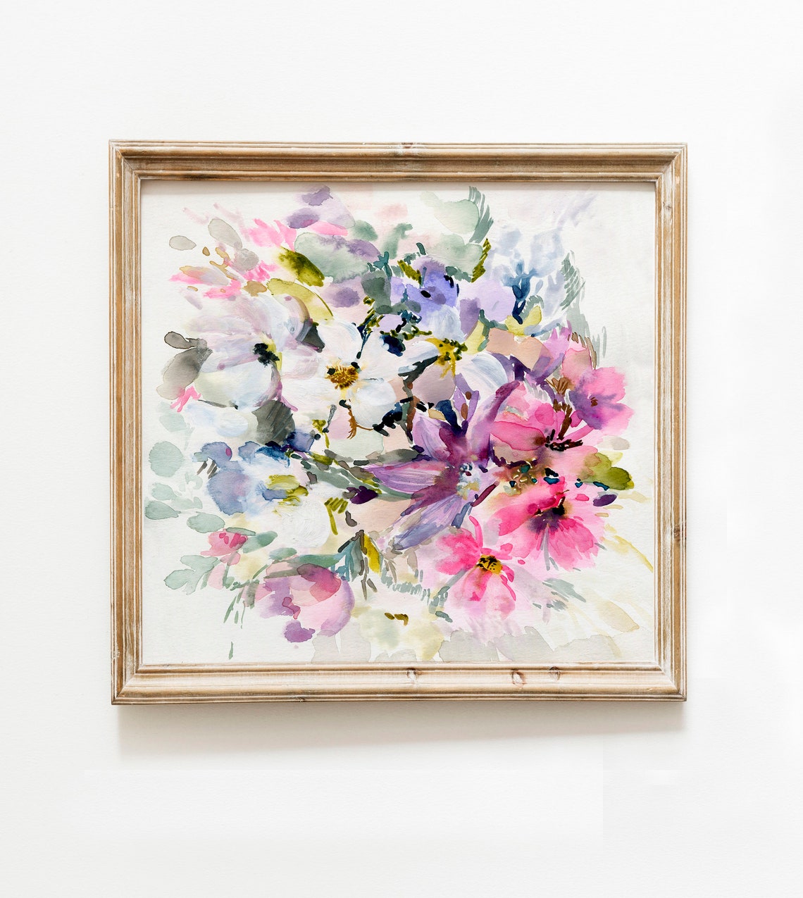Pastel Pink White Purple Floral Bouquet Square Watercolor Wall Art