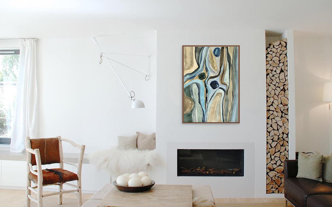 Abstract Flowing Blue Tan Olive Watercolor Organic Lines Print - Image 2