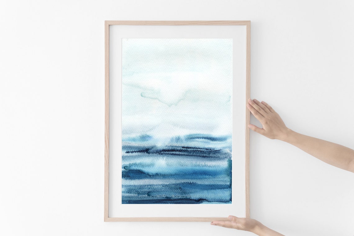Blue Abstract Watercolor Poster Ocean Waves Minimal Coastal Decor Art