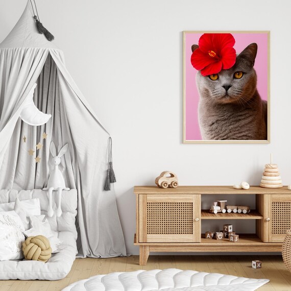 British Shorthair Cat with Red Hibiscus Pink Floral Portrait Poster
