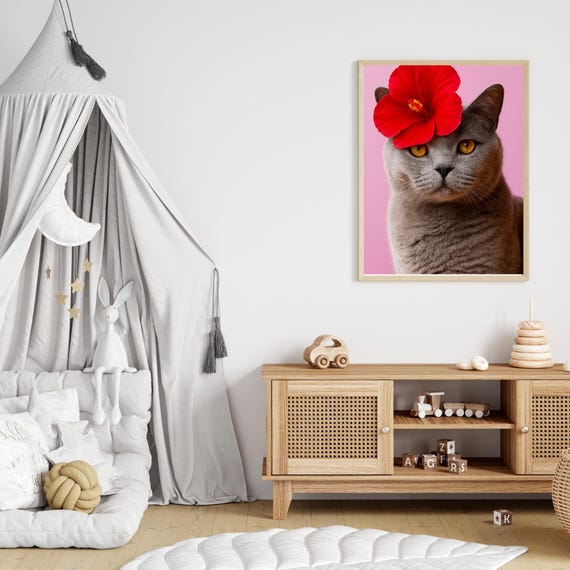 Floral Cat Print British Shorthair Art Feminine Wall Decor Mom Gift Photography Poster Glam Animal Nursery