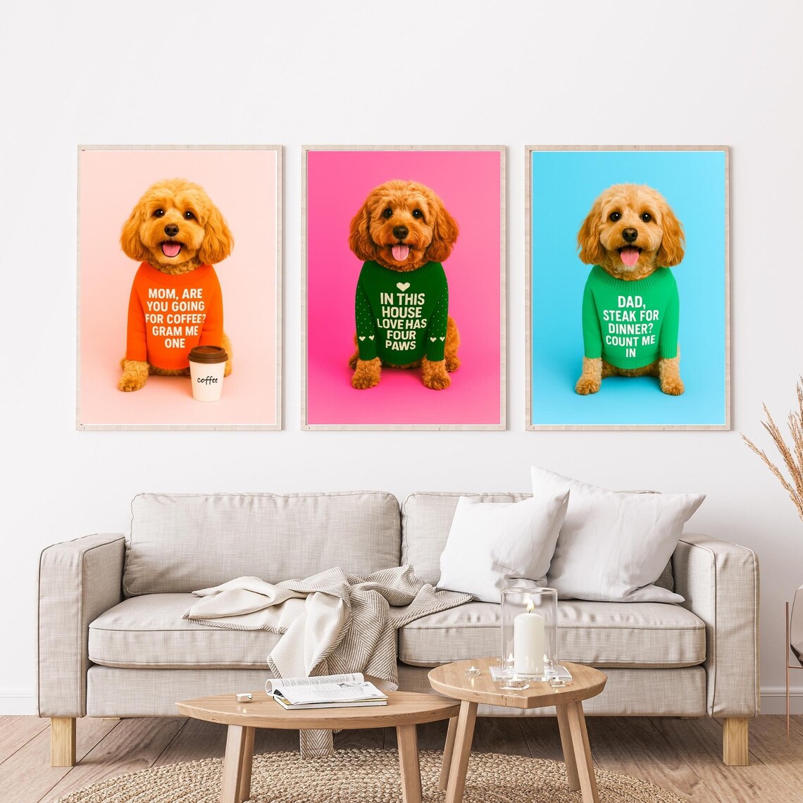Set Of 3 Cavapoo Funny Dog Wall Art Colorful Sweater Quote Pet Decor