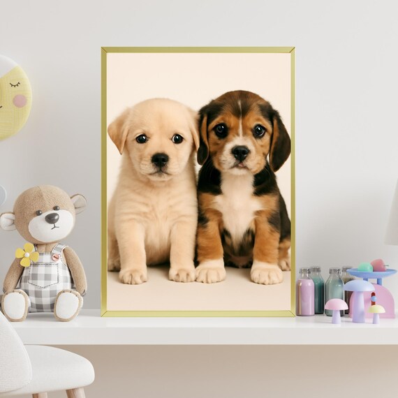 Labrador Puppy and Beagle Puppy Pair Cute Studio Portrait Wall Art