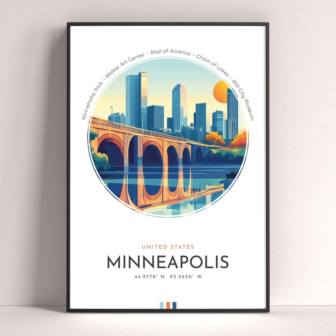 Minneapolis Minnesota Arched River Bridge Sunset Travel Poster