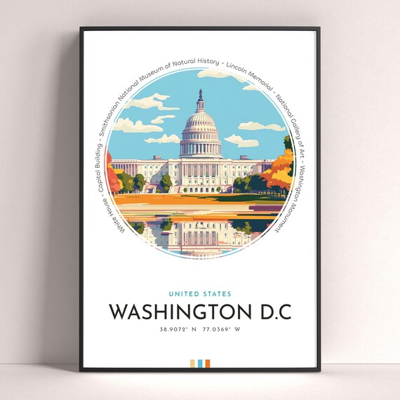 Washington DC Capitol Building Reflecting Pool Vintage Travel Poster