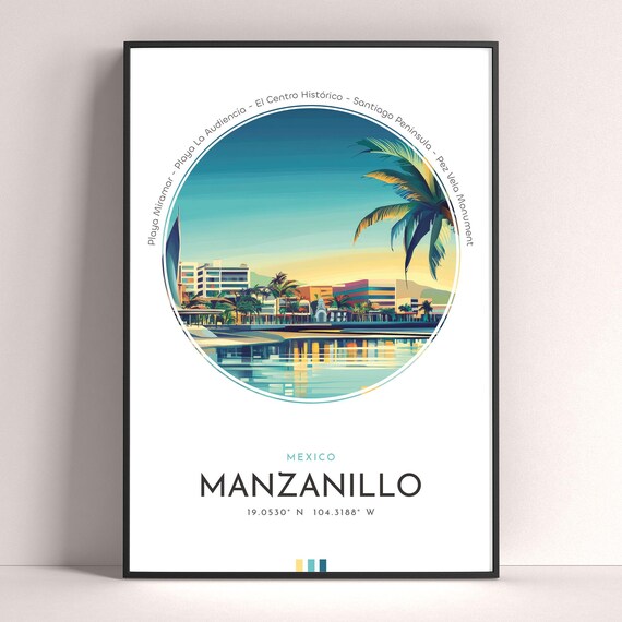 Manzanillo Mexico Waterfront Palms Sunset Reflection Travel Poster