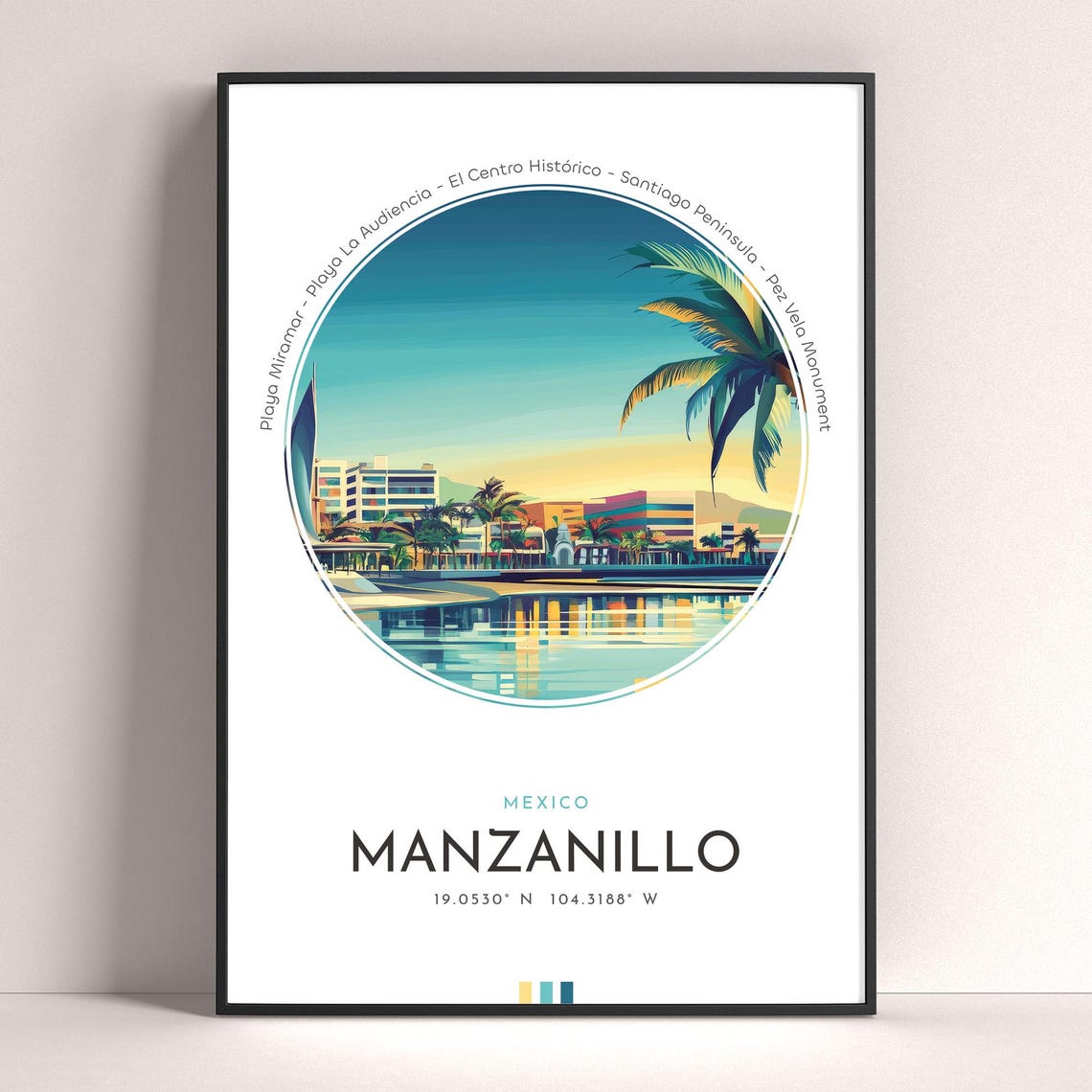 Manzanillo Mexico Waterfront Palms Sunset Reflection Travel Poster
