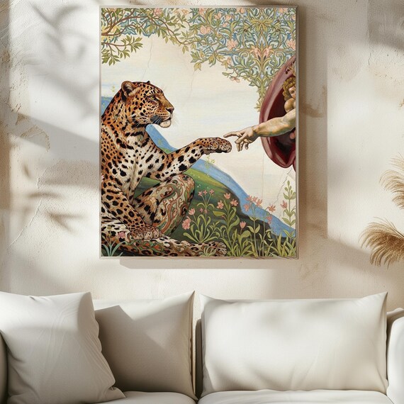 Creation Of Leopard Wall Art Renaissance Painting Parody With Jungle Animal William Morris Style Botanical Print Surreal Fine Poster