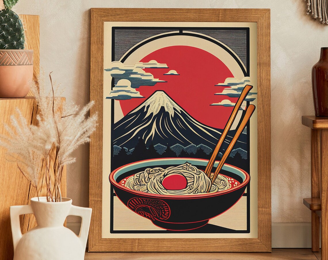 Retro Japanese Ramen Bowl Mount Fuji Red Sun Illustration Poster