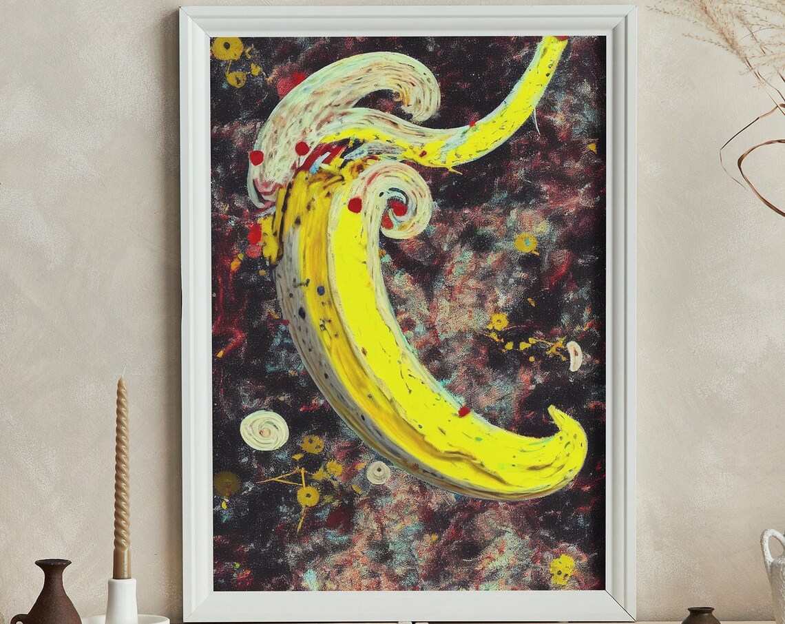 Abstract Swirling Yellow Banana Cosmic Dark Modern Art Poster