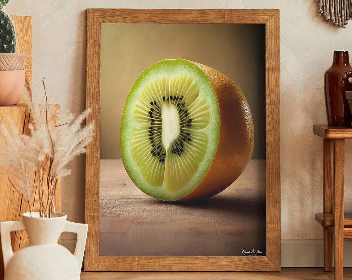 Sliced Green Kiwi Fruit Macro Photography Style Kitchen Poster