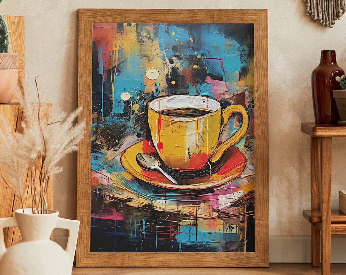 Yellow Coffee Cup Colorful Abstract Impasto Kitchen Art Poster