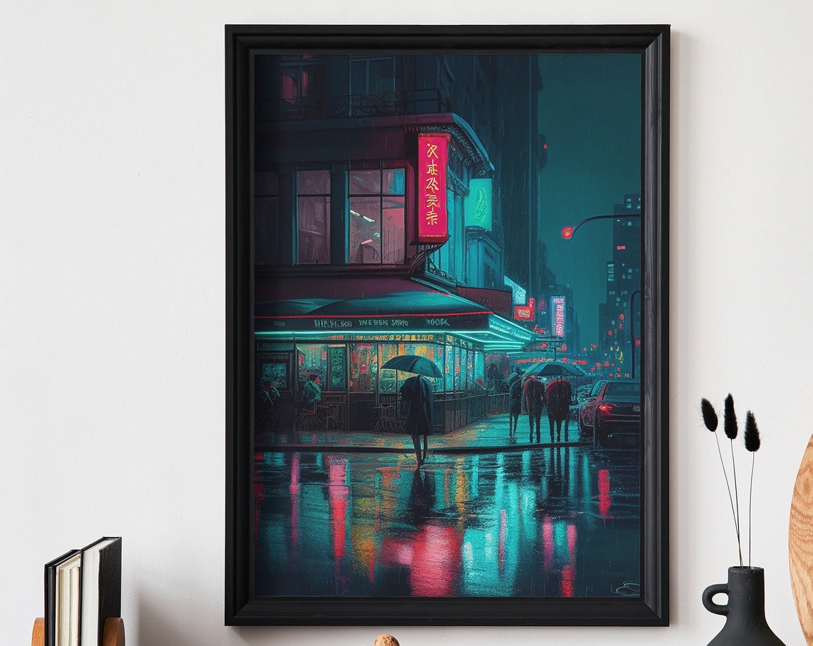 Neon Tokyo Street Night Rain Japanese Cityscape Cinematic Poster