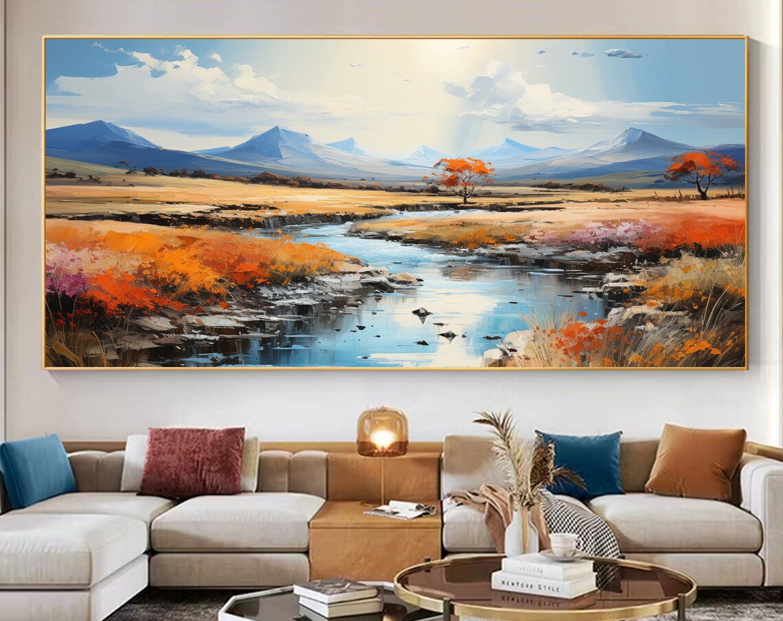 Autumn River Valley Blue Mountains Landscape Oil Painting Poster