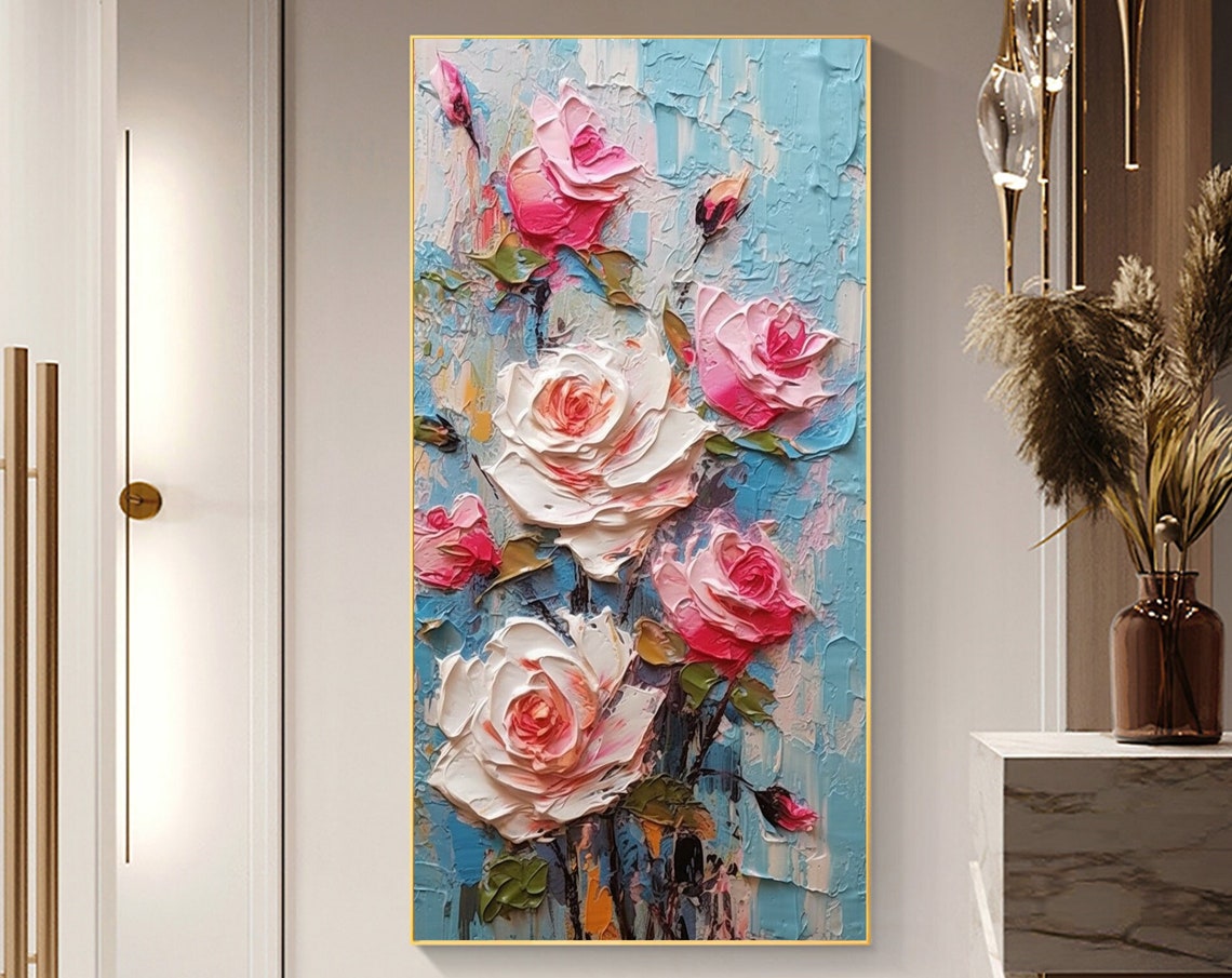 Pink and White Roses Impasto Oil Painting on Blue Canvas Poster