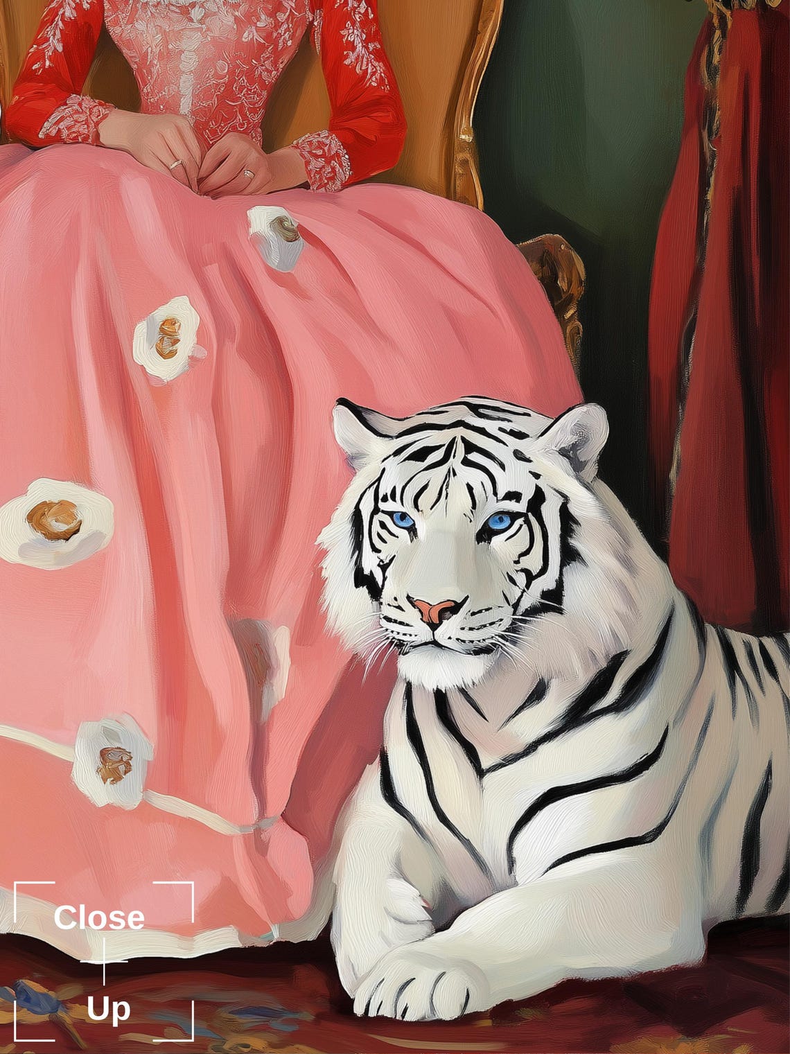 Victorian Lady in Pink Gown With a White Tiger Portrait Poster - Image 2