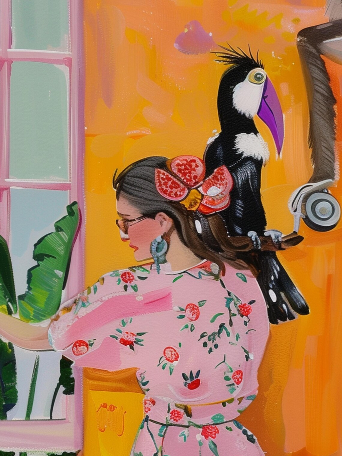 Woman Cooking in a Pink Tropical Kitchen With Toucans Poster - Image 2