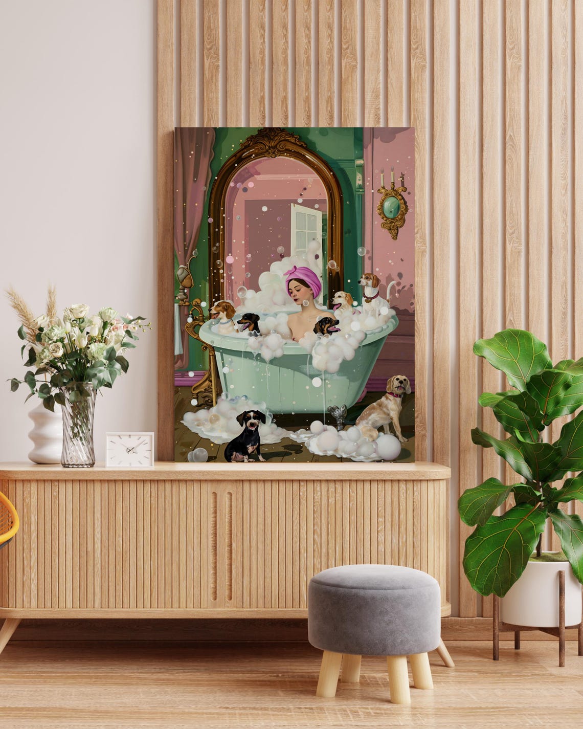 Woman in a Bubble Bath Surrounded by Happy Dogs Vintage Poster - Image 3